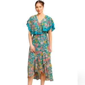 GIGIO Women's Hi-Low Ruffle Sheer Flutter Floral Bohemian Cape Dress‎ Size L NWT